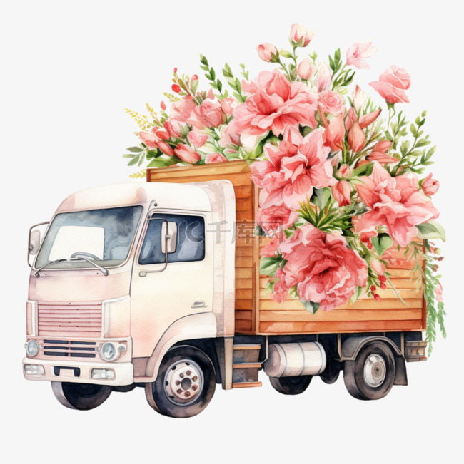 水彩卖鲜花的粉白色卡车免扣元素