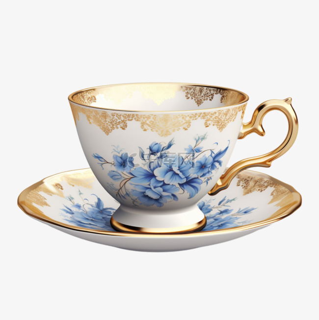 茶杯蓝色花纹装饰AI元素立体免