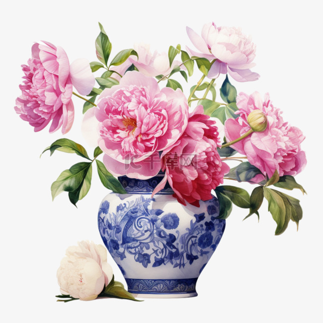 水彩鲜花植物瓷器花瓶免扣元素