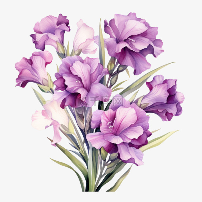 水彩紫色剑兰花花束免扣元素