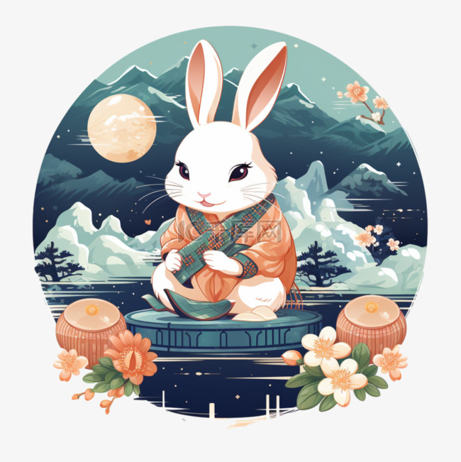中秋节兔子月饼月亮玉兔吉祥物卡
