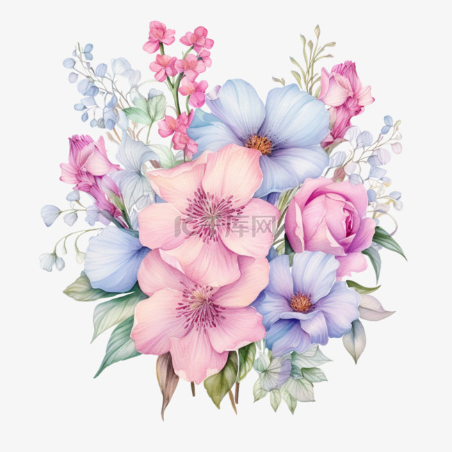 水彩粉色蓝色紫色花朵花束免扣元