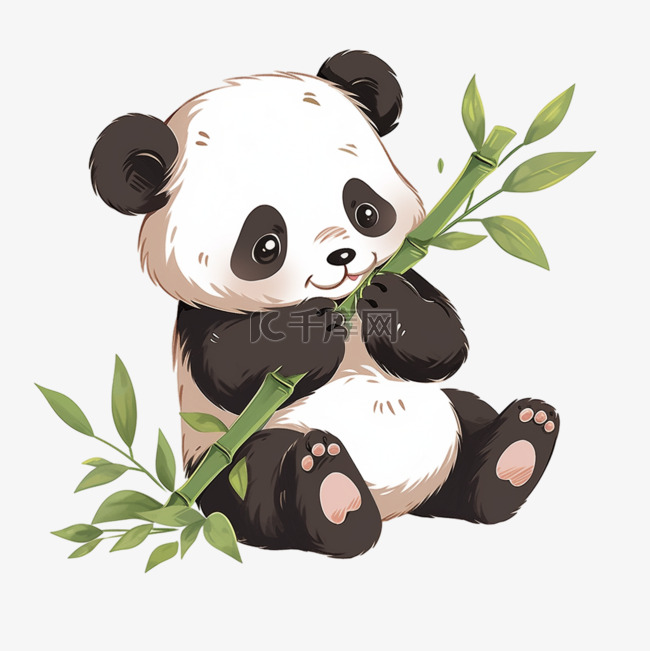 卡通熊猫吃竹子手绘元素