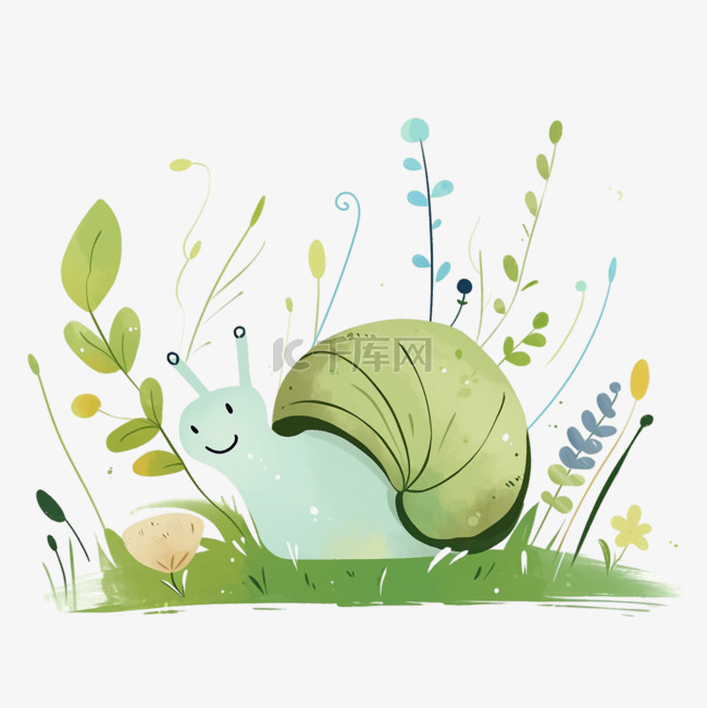 蜗牛花丛中卡通手绘元素