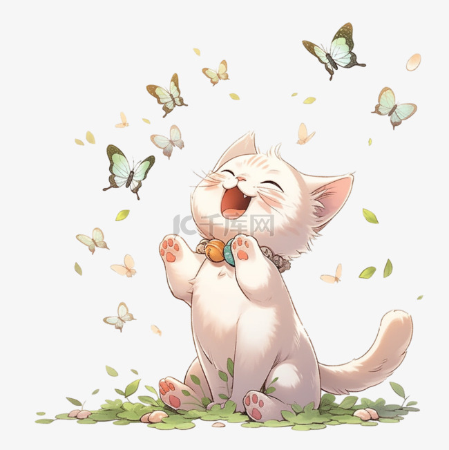 卡通可爱的小猫抓蝴蝶玩耍手绘元
