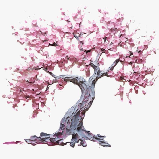 油画樱花树风格植物风景画装饰美