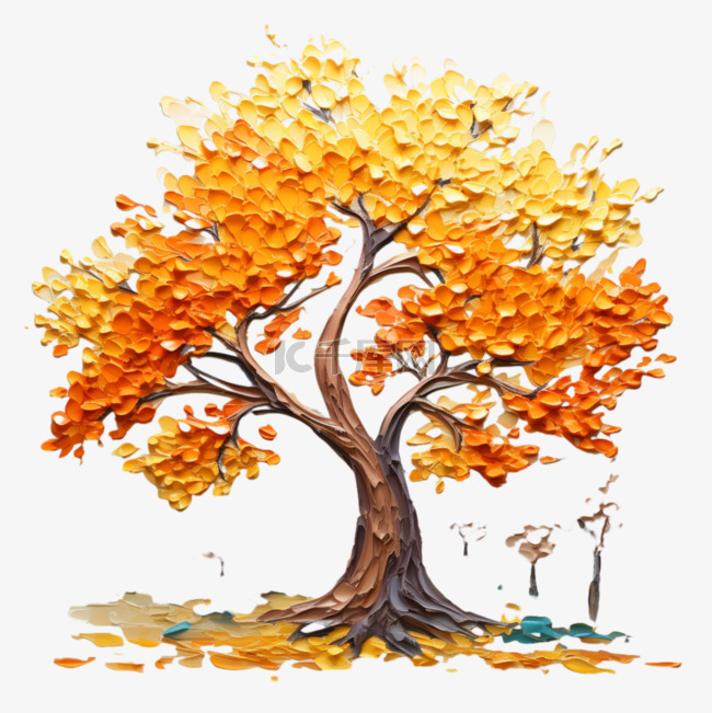 油画风格植物树木秋天风景画装饰