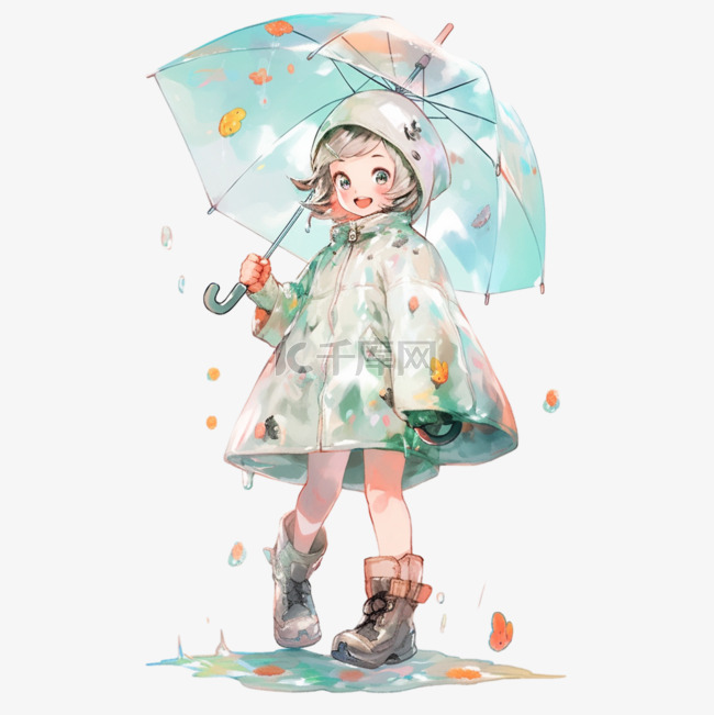 打伞的小女孩雨中卡通手绘元素