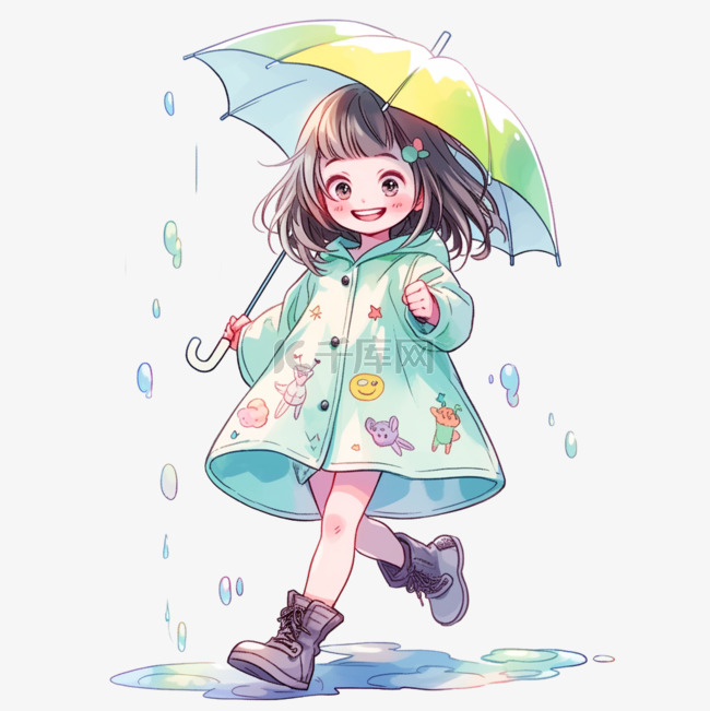 雨中小女孩打伞卡通元素