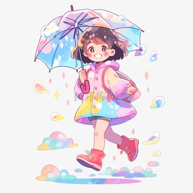 手绘雨中小女孩打伞元素