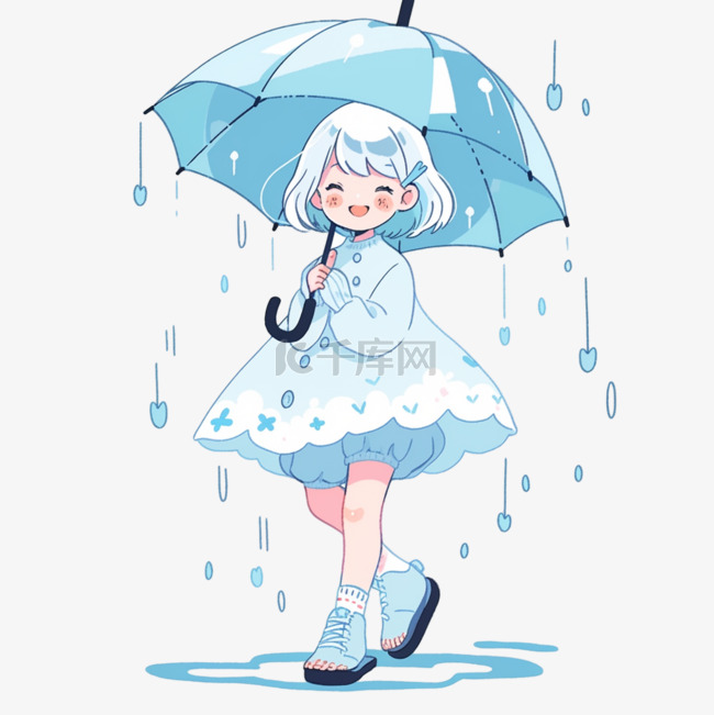 打伞的小女孩卡通手绘元素雨中