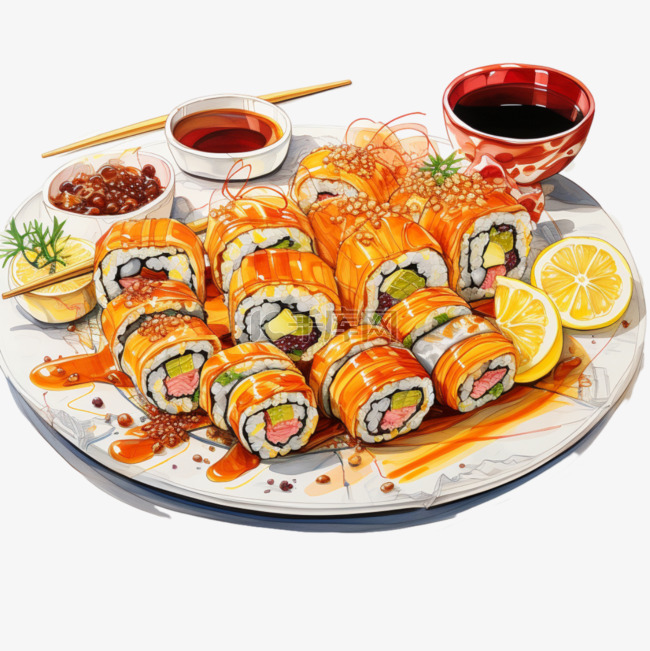 马克笔风格食物日式寿司美观美食