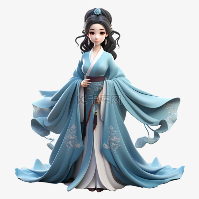 中国蓝色汉服女孩古典AI元素立