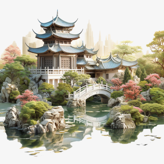 中式花园风景AI元素立体免扣装饰