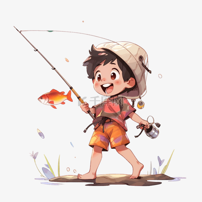 卡通手绘元素男孩钓鱼