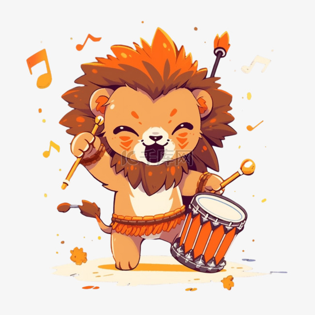 可爱的狮子打鼓卡通手绘元素