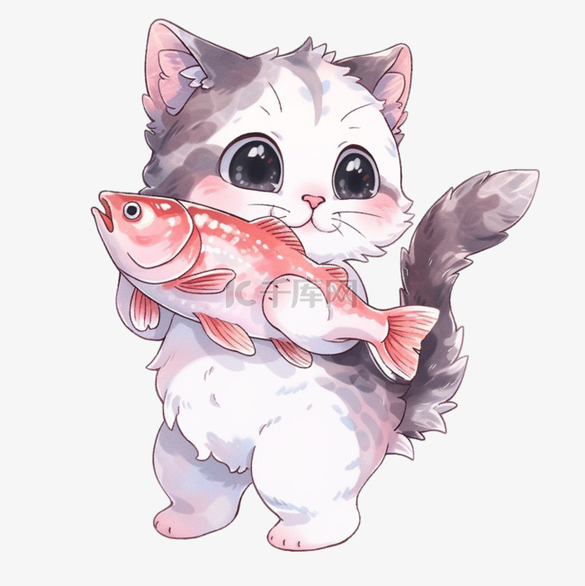 小猫吃鱼卡通元素