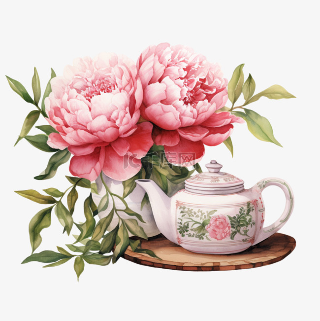 水彩美丽粉色鲜花茶壶免扣元素