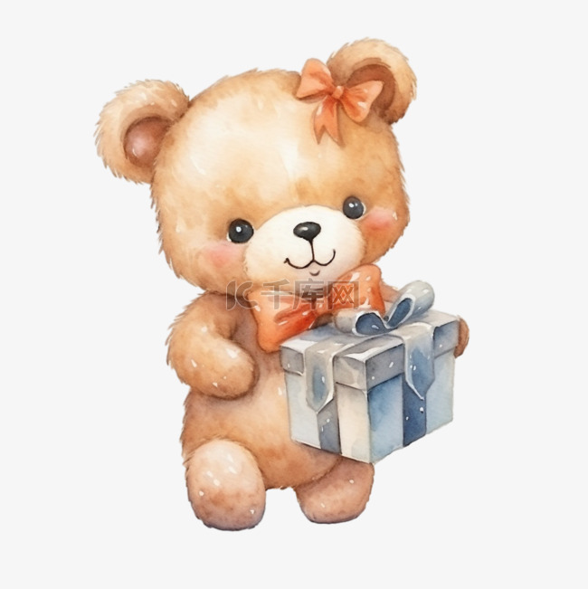 水彩可爱蝴蝶结玩具熊礼物盒免扣