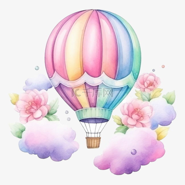水彩彩色热气球免扣元素