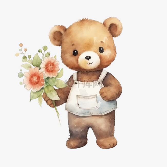 水彩送鲜花可爱玩具熊免扣元素