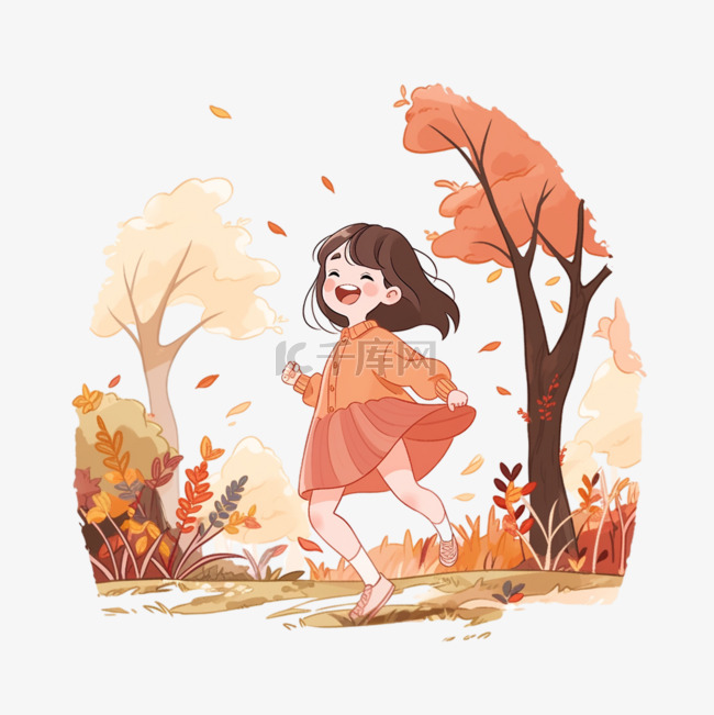 秋天开心的女孩卡通手绘元素