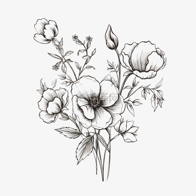 黑白线条简笔画花卉花朵元素立体