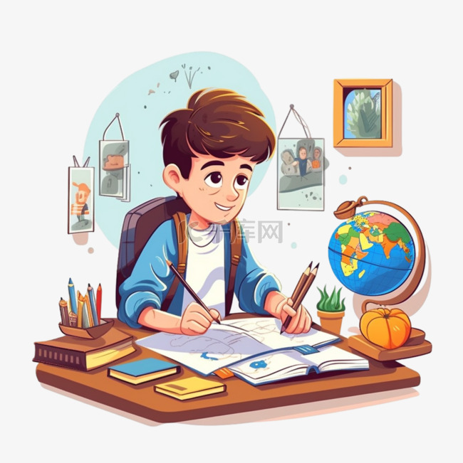 可爱扁平卡通风学生写作业认真努力素材图片免费下载-千库网