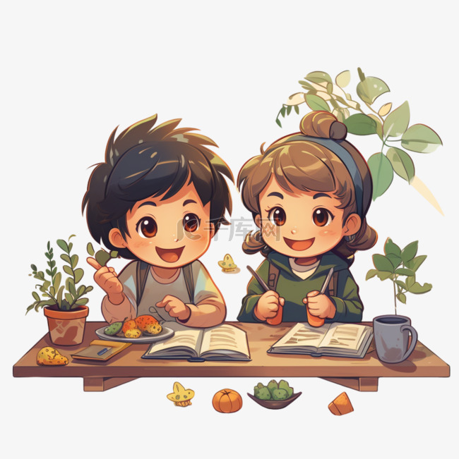 扁平卡通风互相学习学生写作业认真素材图片免费下载-千库网