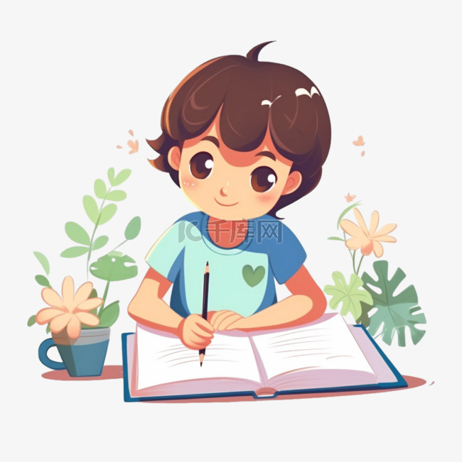 小学生扁平卡通风学生写作业认真素材图片免费下载-千库网