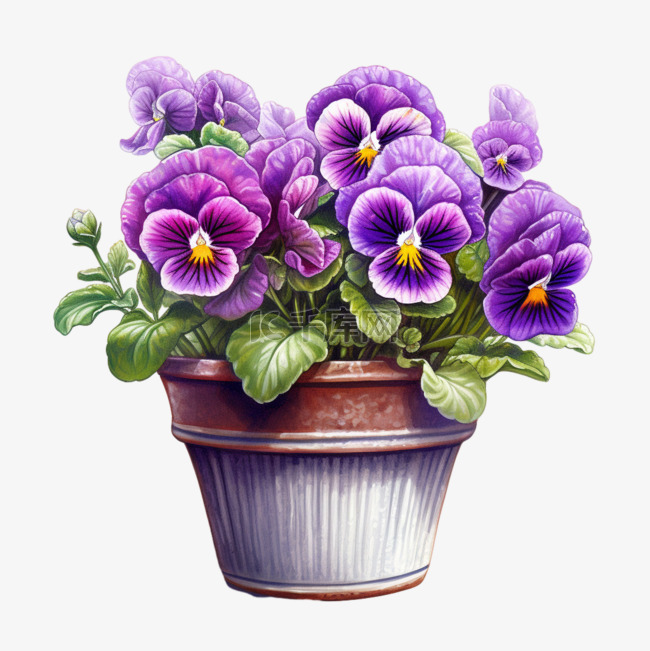 水彩鲜艳紫色鲜花盆栽插画免扣元