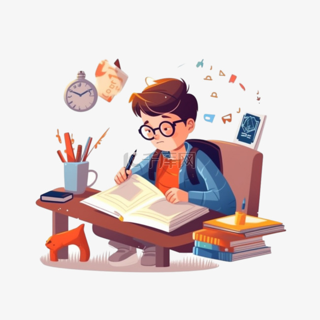 扁平卡通风学生写作业认真努力男生素材图片免费下载-千库网