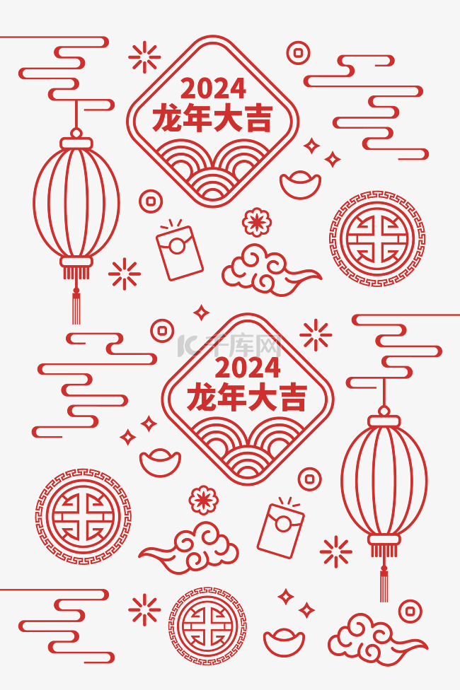 2024龙年新年春节中国风线描