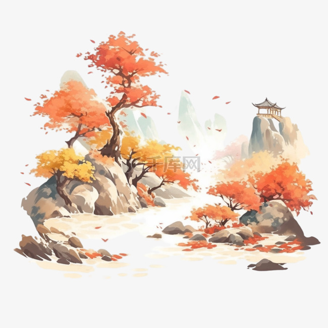 秋天风景山峰小溪树木手绘元素