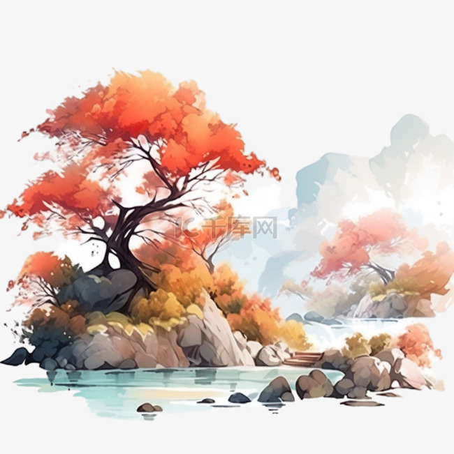 秋天树木山峰小溪风景手绘元素