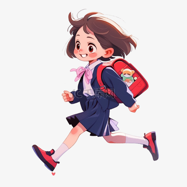 女孩背着书包上学卡通手绘开学季