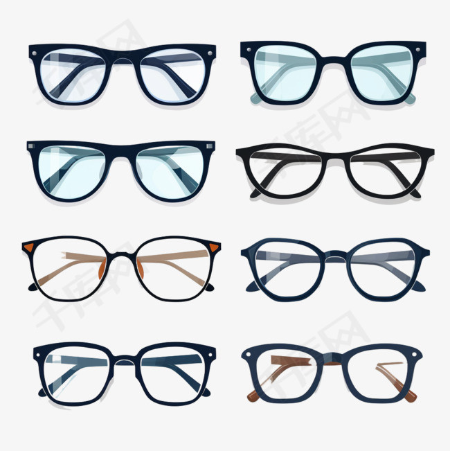 不同的眼镜设计矢量插图集。不同