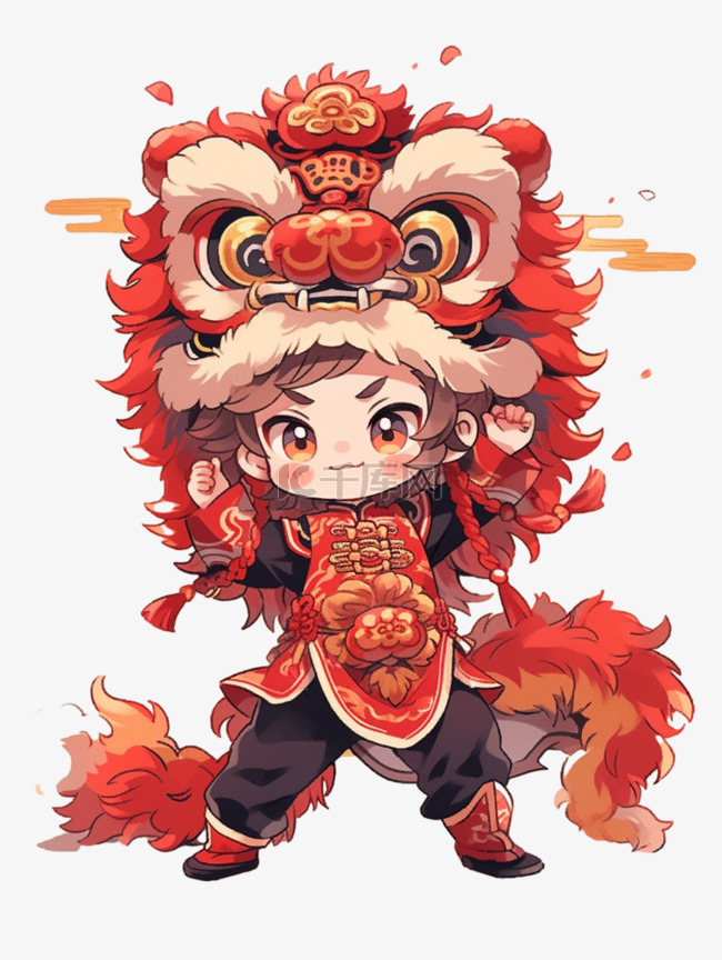 新年舞狮的人物卡通手绘素材图片免费下载-千库网
