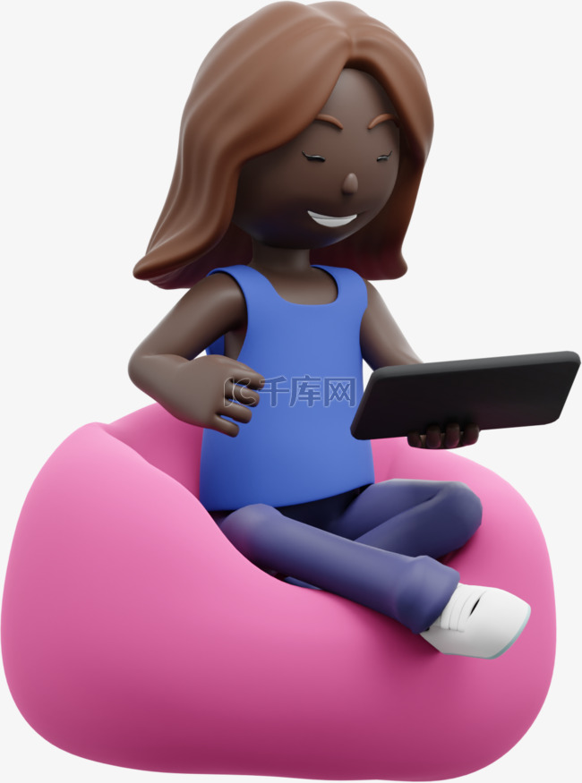 3D黑人女性玩平板手机形象
