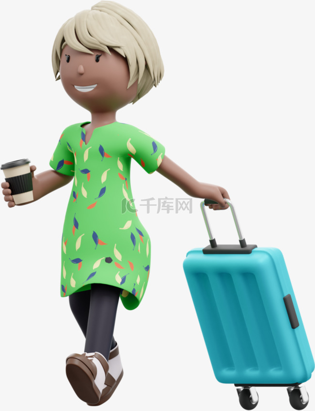 3D棕色女性拖着行李箱元素