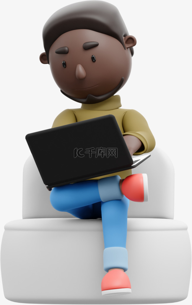 黑人男性沙发上帅气敲击电脑