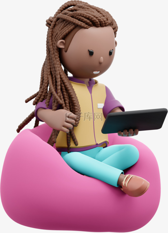 3D玩平板手机的漂亮棕色女性姿势