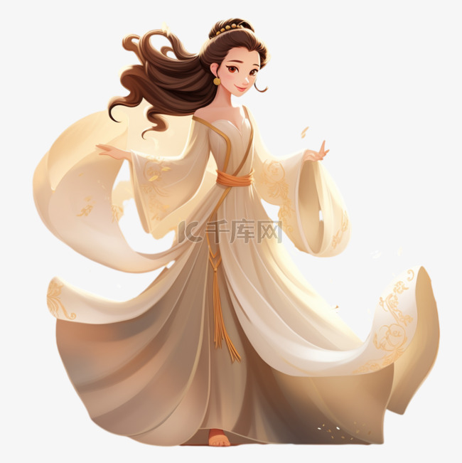 中国米白色长裙女人免扣元素装饰