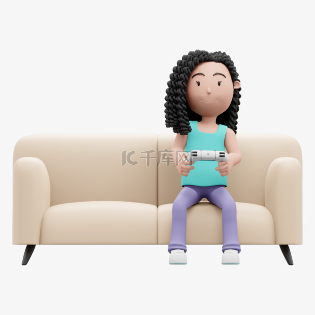 美丽女人用游戏手柄坐在沙发上玩