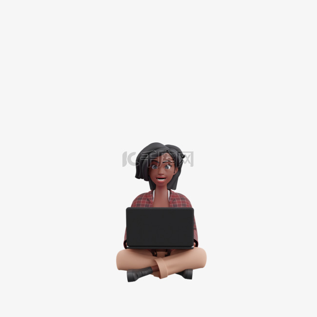 3D黑人女性的帅气坐姿使用电脑