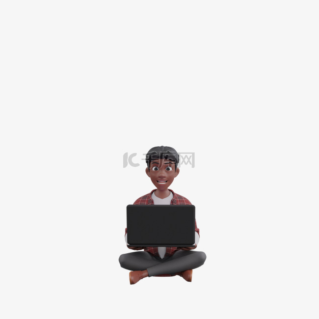 3D帅气黑人男性坐姿使用电脑