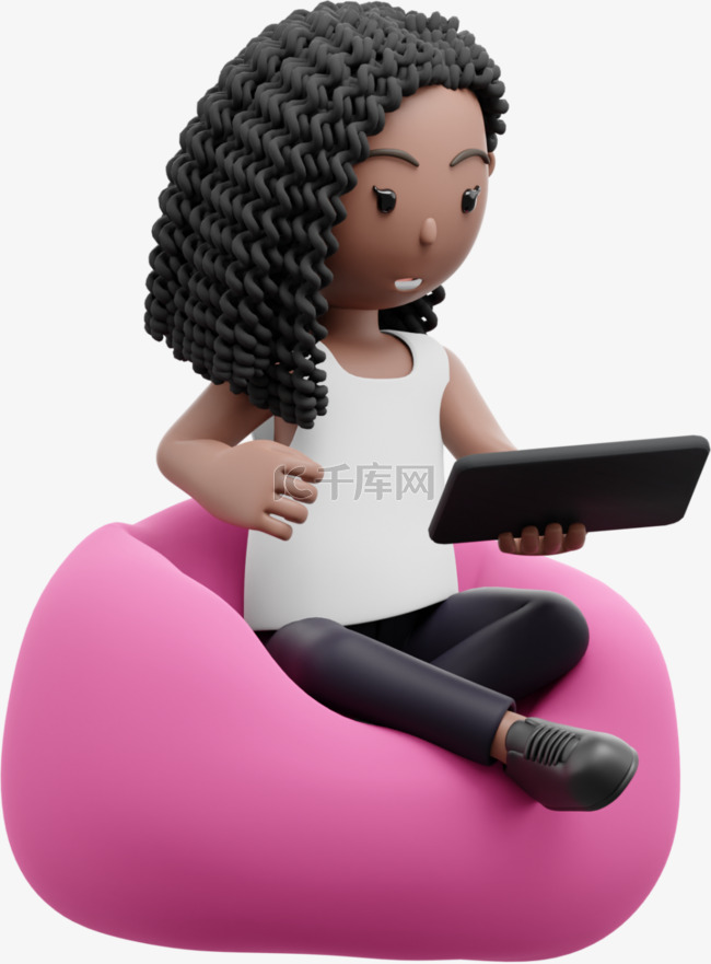 3D棕色女性玩平板手机形象女人