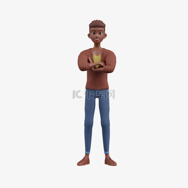 帅气立姿3D棕色男性叉手形象