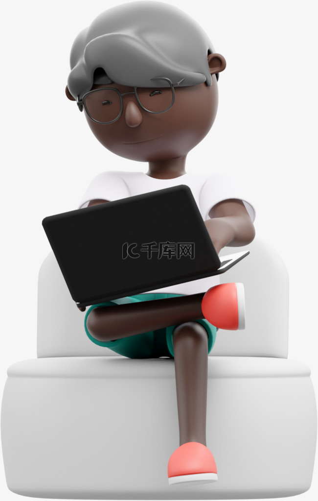 帅气黑人男性3D姿势坐沙发用电脑