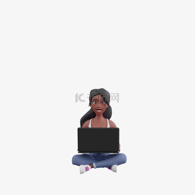 坐姿帅气的3D黑人女性使用笔记